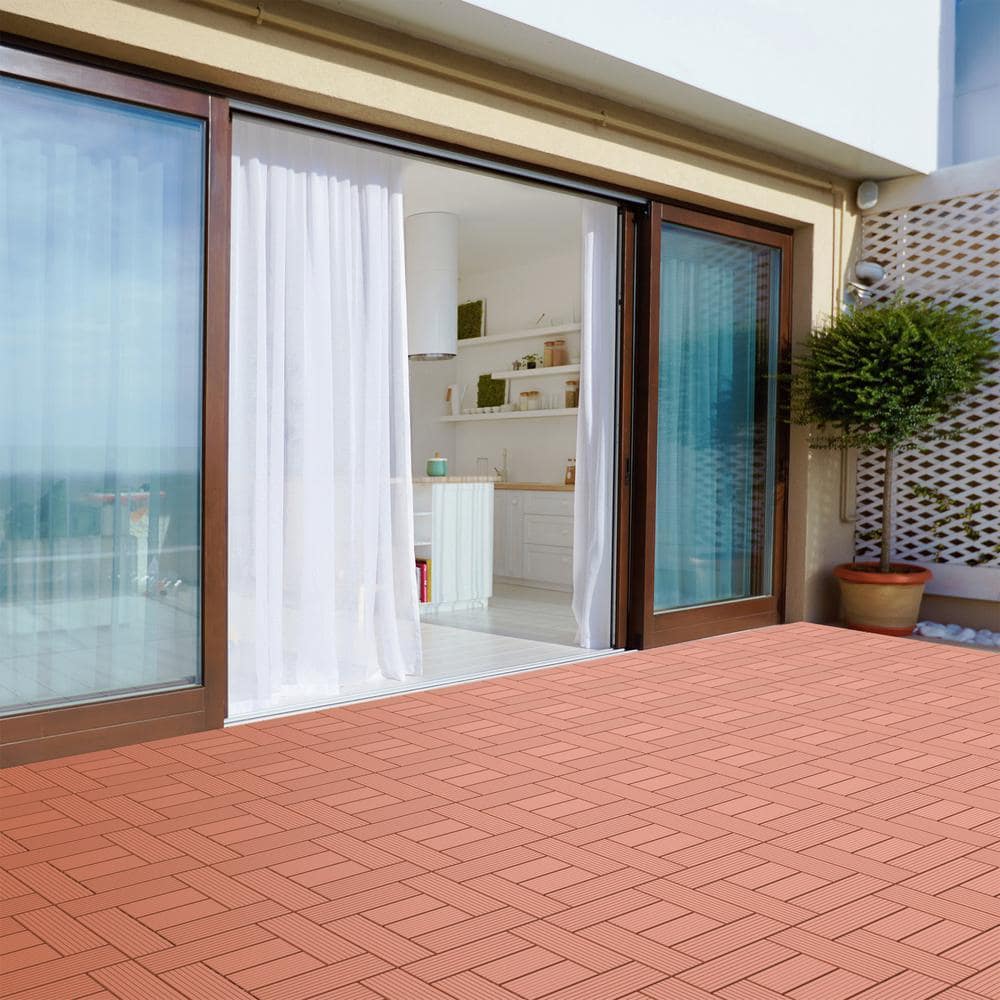 12 in. x 12 in. Outdoor Interlocking Criss Cross Polypropylene Patio and Deck Tile Flooring in Terracotta (Set of 6) - Hercitys