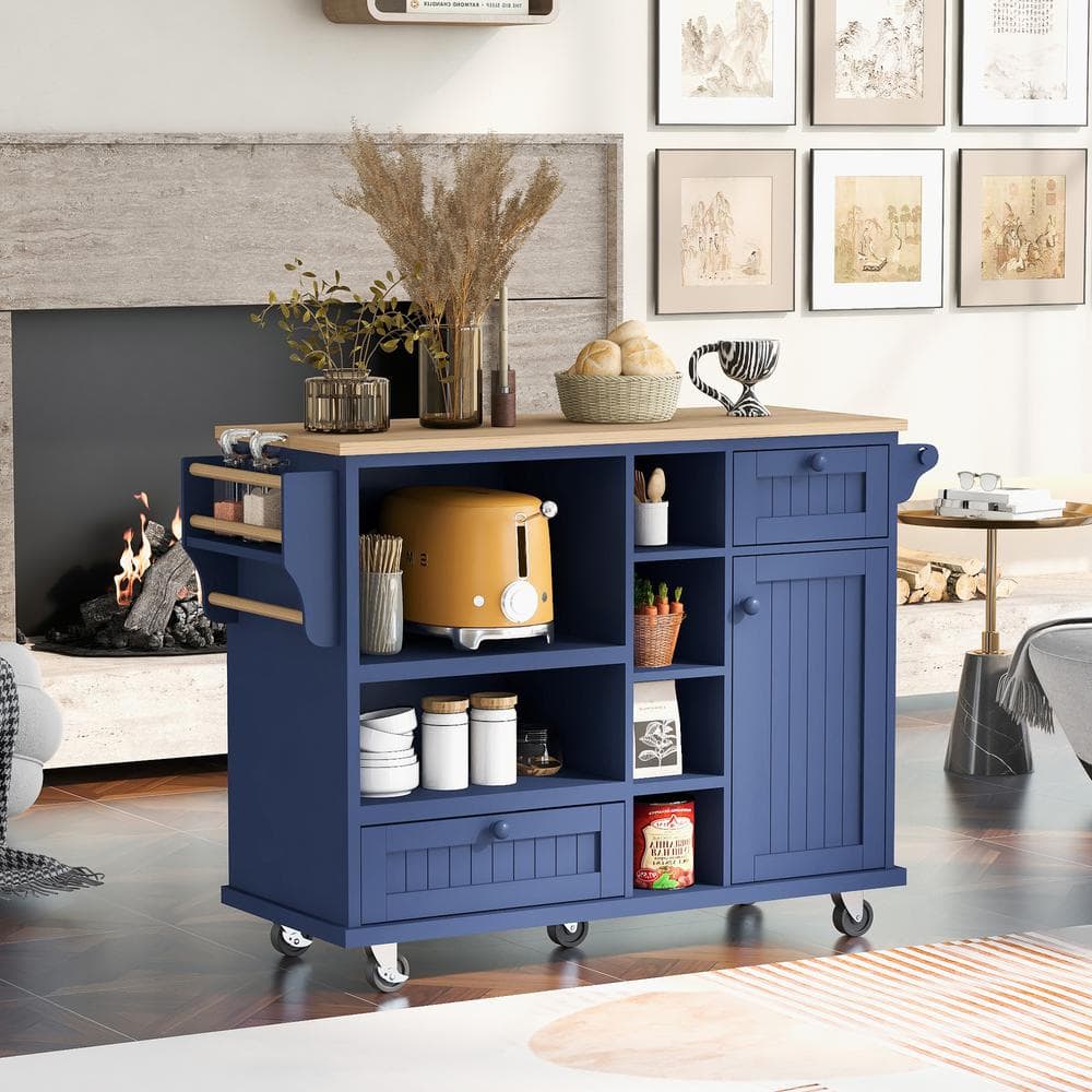 50.8 in. Dark Blue Rubber Wood Top Kitchen Cart Island with Storage Cabinet, Microwave Shelf, and Locking Wheels - Hercitys