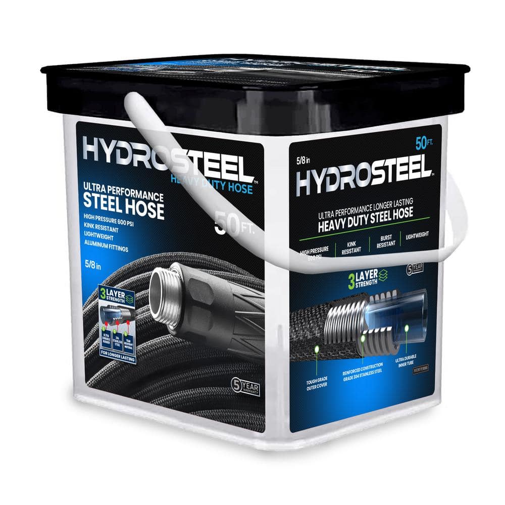 5/8 in. Dia x 50 ft. Heavy-Duty Flexible Light-Weight Stainless Steel 3-Layer Strength Water Hose with Bucket Storage - Hercitys