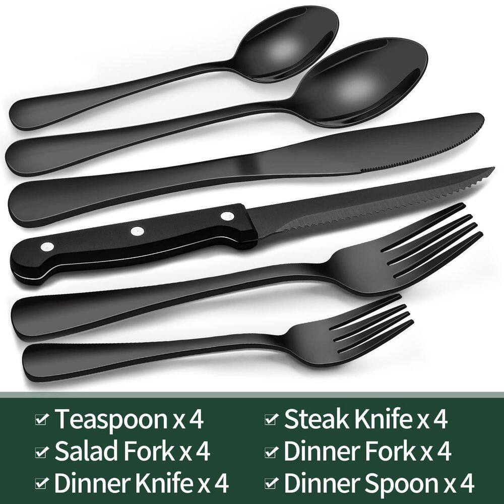 24-Piece Black Silverware Set with Steak Knives, Food Grade Stainless Steel Tableware Cutlery Set, Mirror Finished - Hercitys