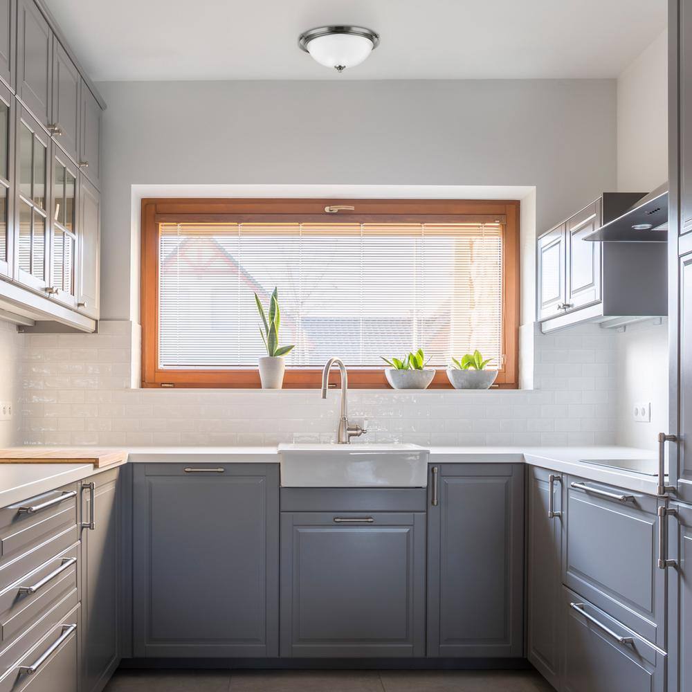 14.17 in. 2-Light Brushed Steel Flush Mount with Frosted White Glass Shade - Hercitys