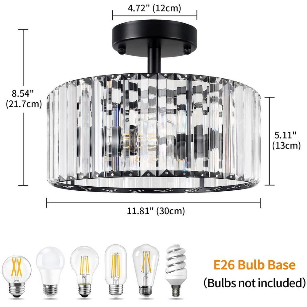 11.8 in. 3-Light Black Modern Drum Semi-Flush Mount Ceiling Light With Crystal Shade - Hercitys