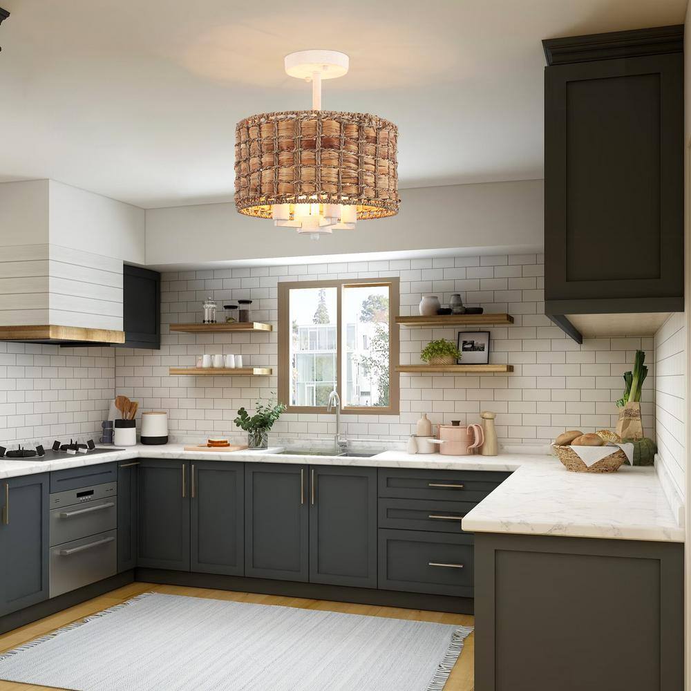 11.81 in. 4-Light Distressed White Drum Natural Rattan Seagrass Semi Flush Mount Ceiling Light with No Bulbs Included - Hercitys