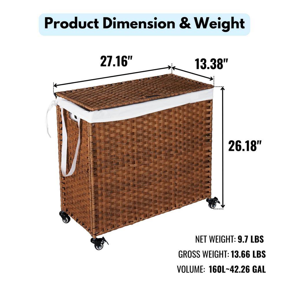 42.26 Gal. Brown Rattan Deck Box Laundry Hamper with Lid and 2 Removable Bags - Hercitys