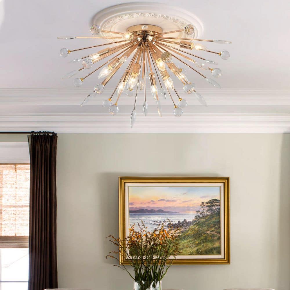 31.5 in. 12-Light Gold Sputnik Firework Crystal Flush Mount Ceiling Light - Hercitys