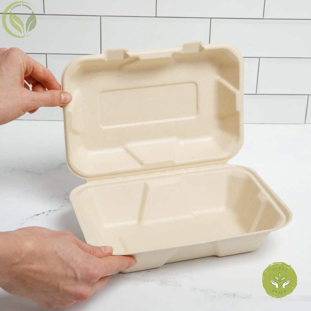 100% Compostable Paper Take-Out Container 9 in. x 6 in. Clamshell [75-Pack] - Hercitys