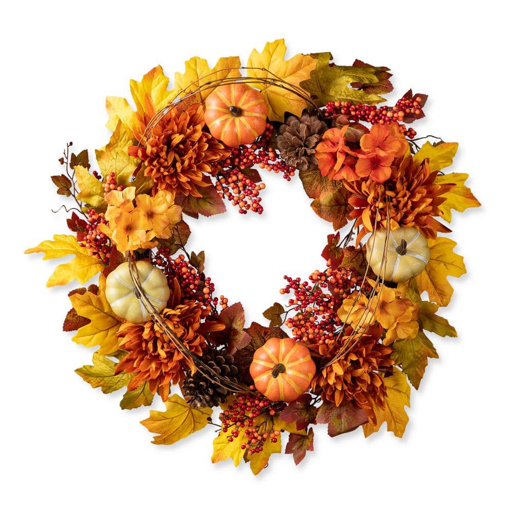 24 in. D Fall Unlit Dahlia Pumpkin, Leaf and Berry Wreath - Hercitys
