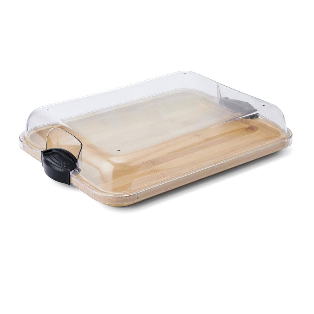 11in.Lx14inWx2.9in.H Build-A-Board Bamboo Cutting Board w/Clear Locking Lid and Black Handles, Single Compartment - Hercitys