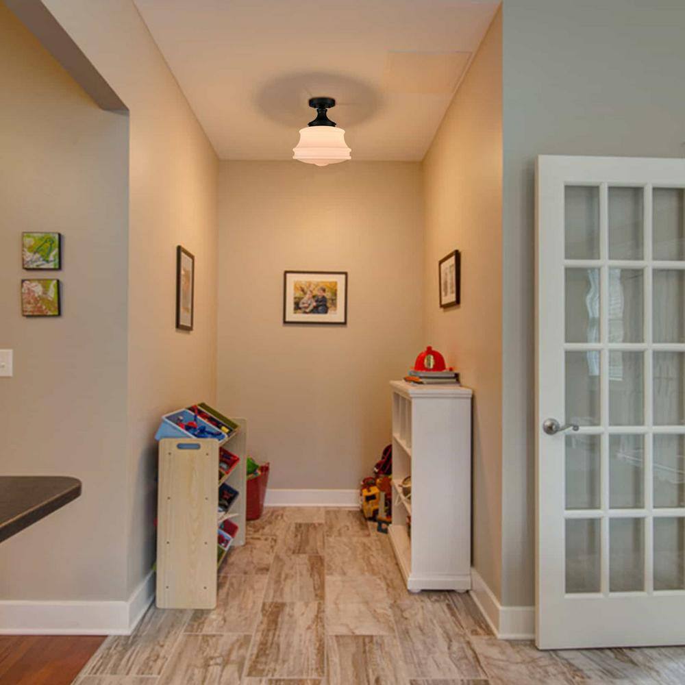 11 in. 1-Light Black Modern Semi-Flush Mount with Frosted Glass Shade and No Bulbs Included (1-Pack) - Hercitys