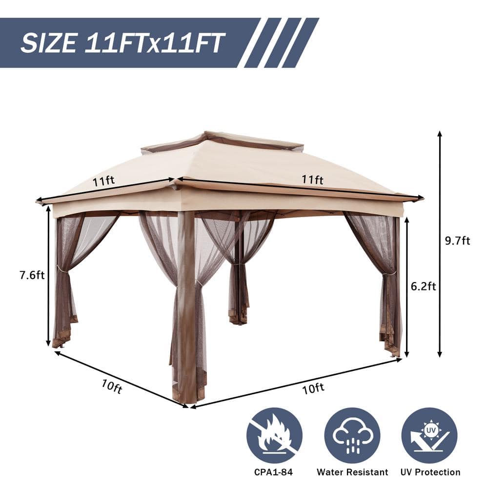 11 ft. x 11 ft. Beige Steel Pop-up Gazebo with Mosquito Netting - Hercitys