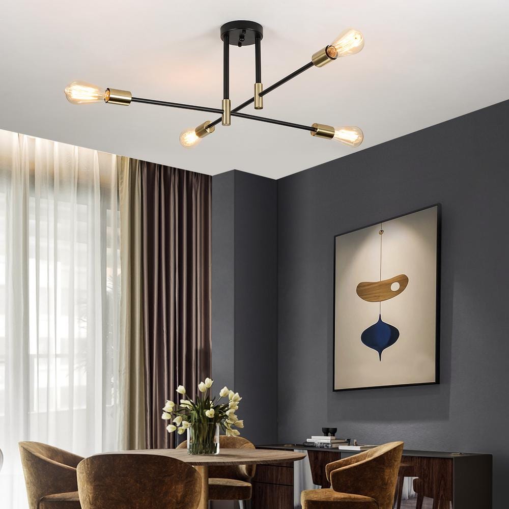 27.5 in. 4-Light Black and Brass Sputnik Semi- Flush Mount Ceiling Light with No Bulbs Included - Hercitys