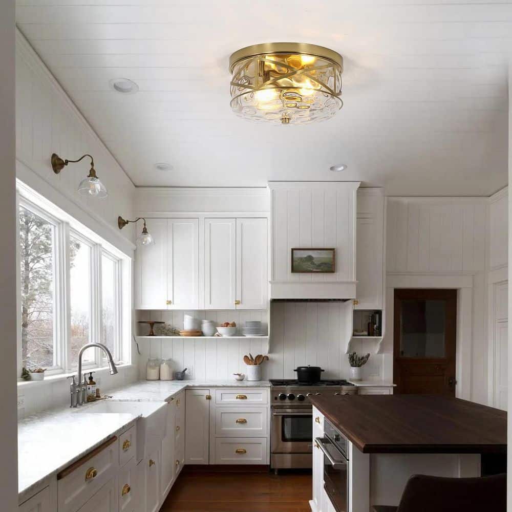 12 in. 2-Light Brass Gold Flush Mount Water Ripple Glass Ceiling Light with Metal Frame - Hercitys
