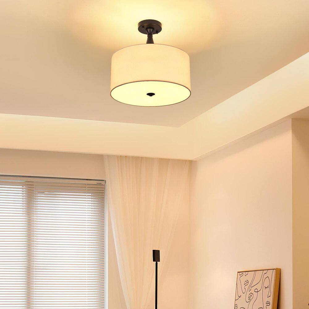 15 in. 3-Light Black Drum Dimmable Semi-Flush Mount Ceiling Light with White Fabric Shade and No Bulbs Include - Hercitys