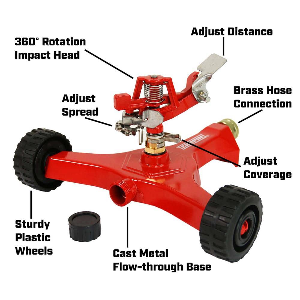 4982: Wheeled Impact Sprinkler, 360-Degree Automatic Impact Sprinkler with Wheeled Base for Medium to Large Gardens - Hercitys