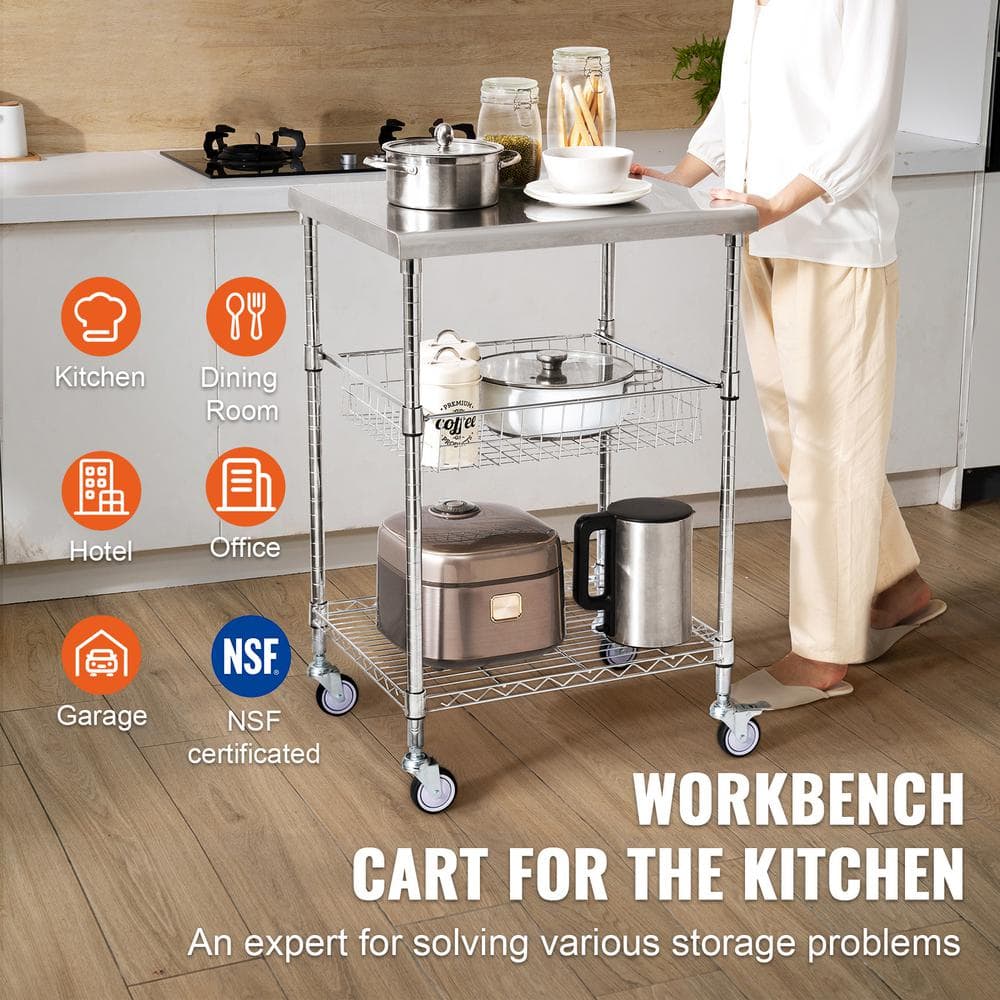 3-Tier Kitchen Cart, 470lbs. Capacity, Wheels, Curved Handle, PP Liner and 6 Hooks - Hercitys