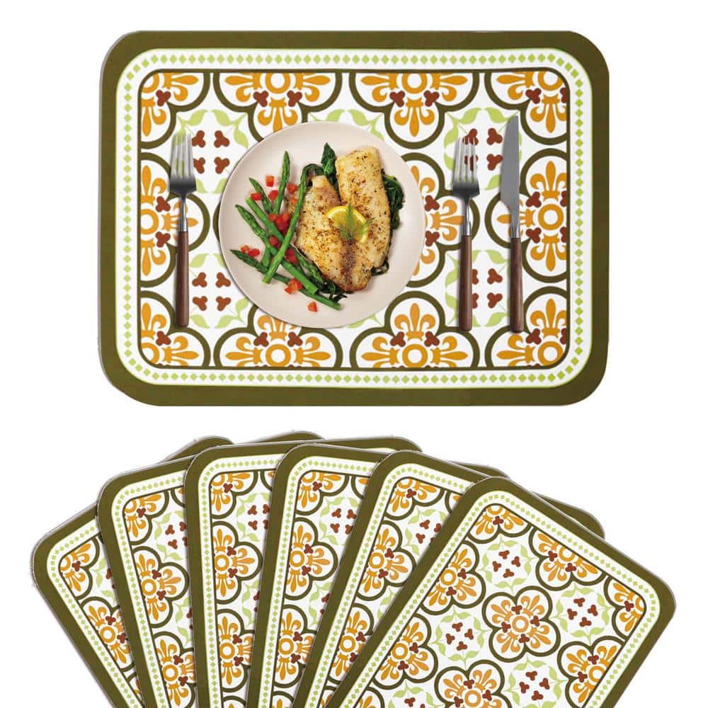 17.7 in. x 11.8 in. Leather Heat Resistant Placemats for Indoor and Outdoor, Green Floral Design, Set of 6 - Hercitys