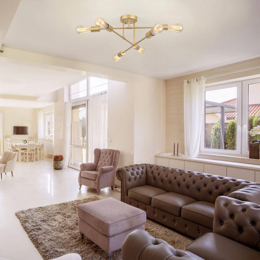 20.66 in. 6-Light Gold Sputnik Modern Semi-Flush Mount Ceiling Light - Hercitys