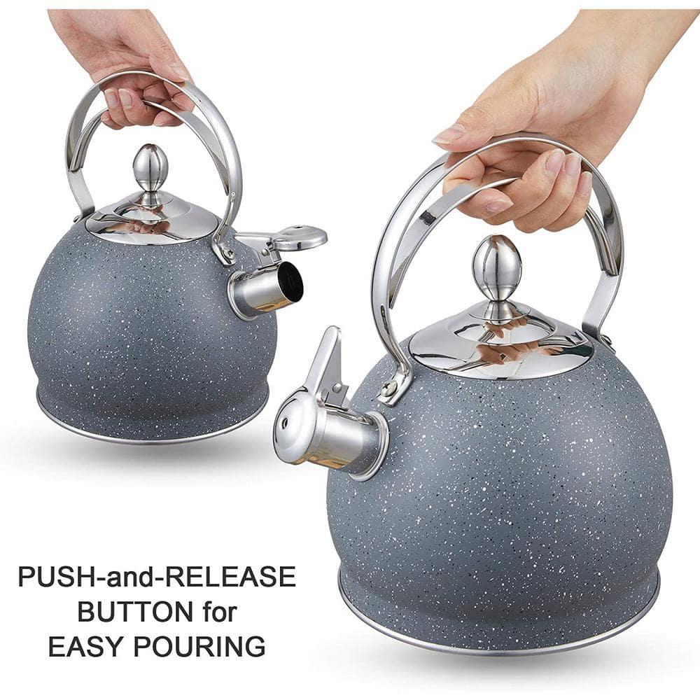 10.5 Cups Opaque Gray Stainless Steel Whistling Tea Kettle with Aluminum Capsulated Bottom for Fast Boiling Water - Hercitys