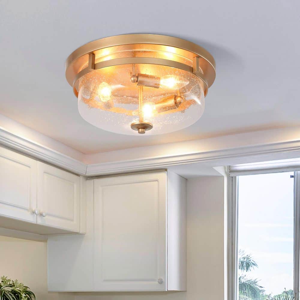 13.5 in. 3-Light Gold Drum Flush Mount Light Modern Circle Ceiling Light with Clear Seedy Glass Shade for Entry Kitchen - Hercitys