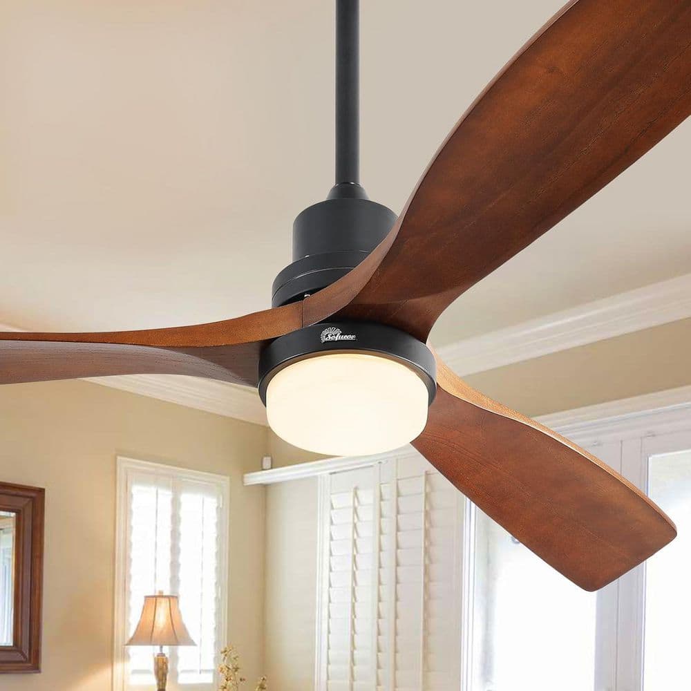 52 in. LED Indoor/Outdoor Dimmable Matte Black Solid Wood Blade Ceiling Fan with 6-Speed Remote - Hercitys