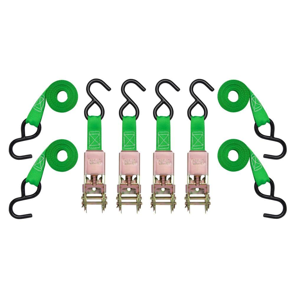 10 ft. x 1 in. Green Standard Ratchet Tie Down Straps with 300 lb. Safe Work Load – 4 pack - Hercitys