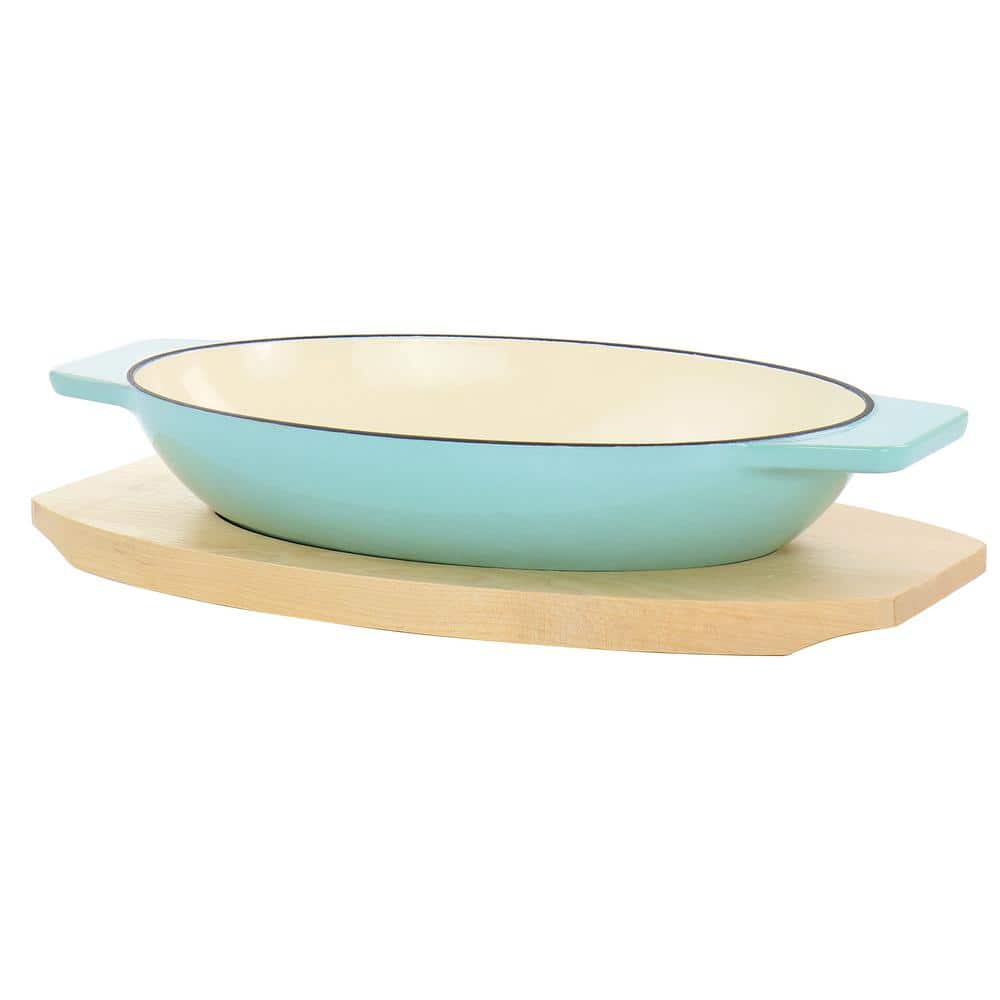 2-Piece Enameled Cast Iron Oval Casserole Birch Wood Trivet Set in Aqua - Hercitys