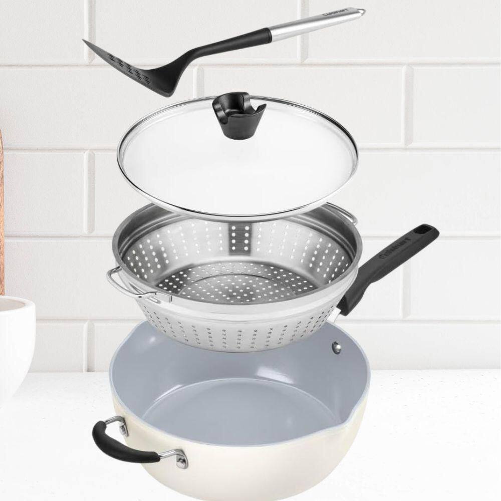 4-Piece Set 4.5 Qt. Multi-Purpose Pan with Lid Cover, Steamer, Slotted Turner in Creme de la Creme - Hercitys