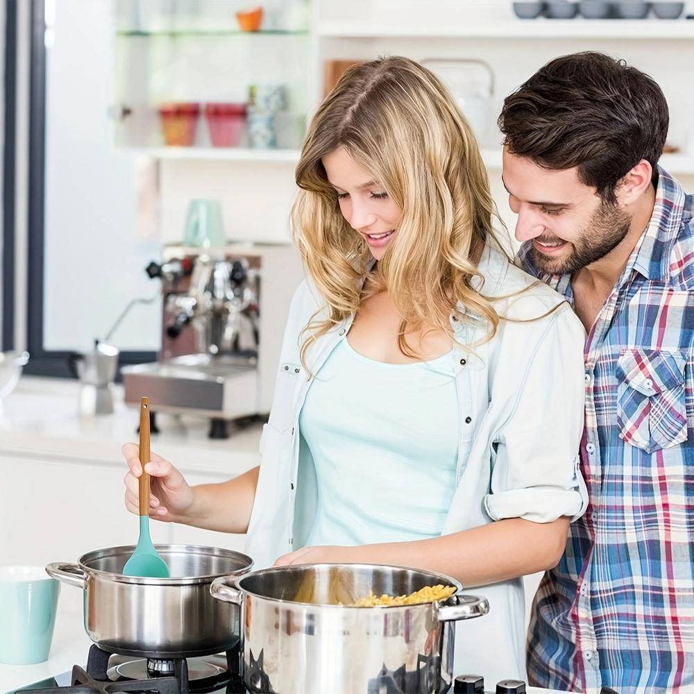 11-Pieces Light Green Silicone Cooking Utensil Set Heat Resistant Wooden Handle - Hercitys