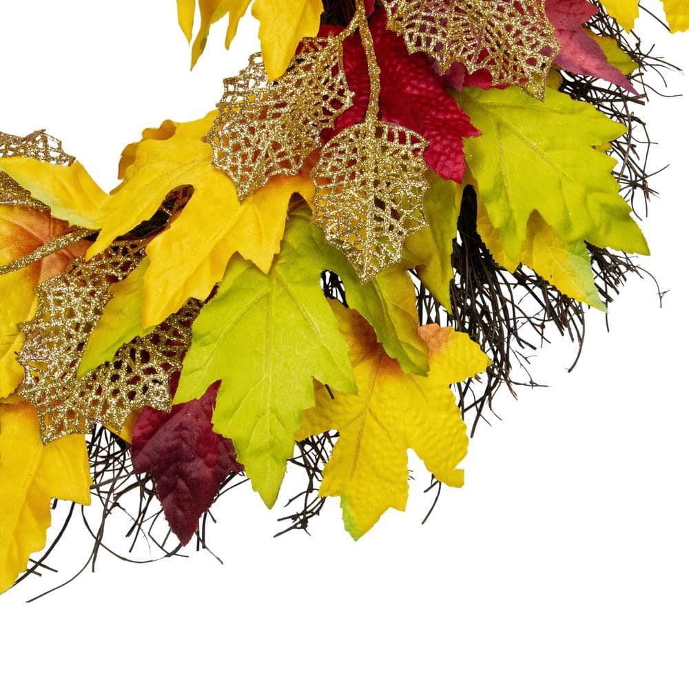 22 in. Unlit Autumn Harvest Maple Leaf Artificial Thanksgiving Floral Wreath - Hercitys