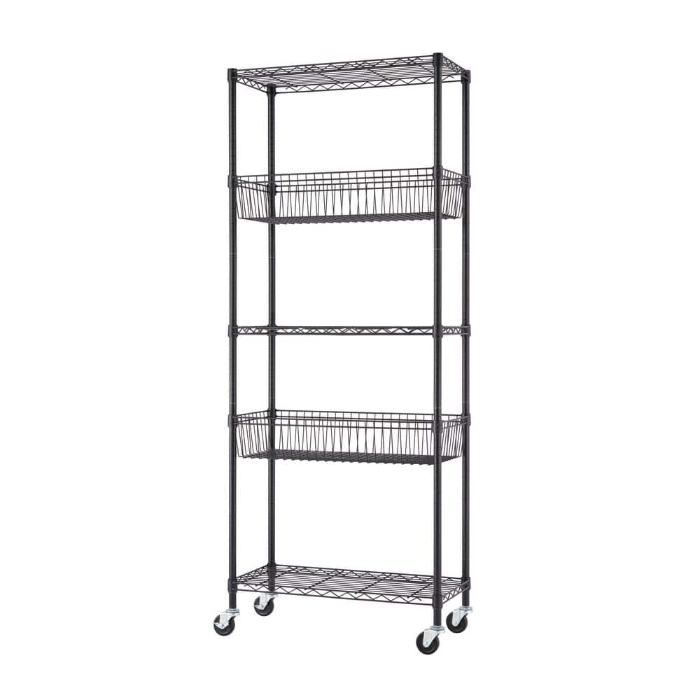 30 in. W x 14 in. D x 72 in. H Black 5-Tier NSF Heavy-Duty Wire Shelving with Baskets Wheels - Hercitys