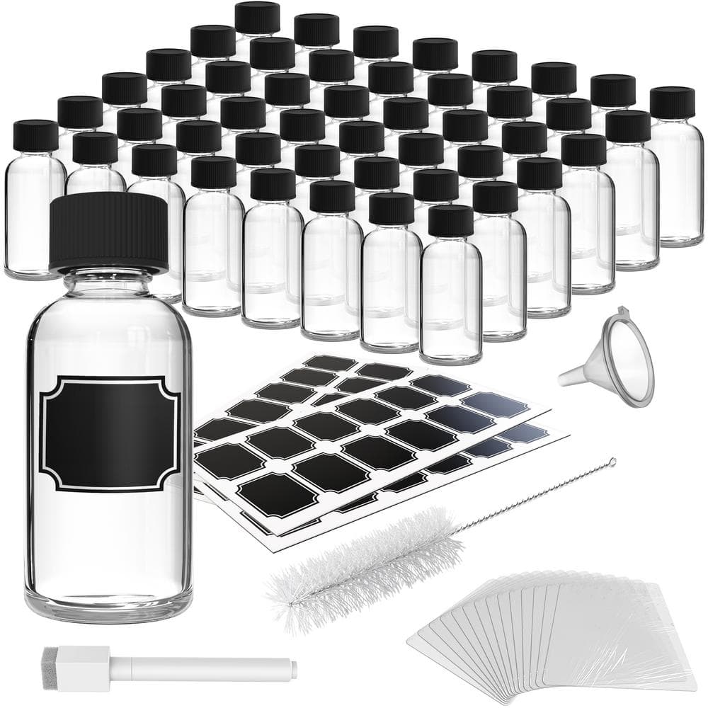 2 oz. Boston Round Glass Bottles with Lids, Brush, Funnels, Shrink Wrap, Marker and Labels – Clear (Pack of 48) - Hercitys
