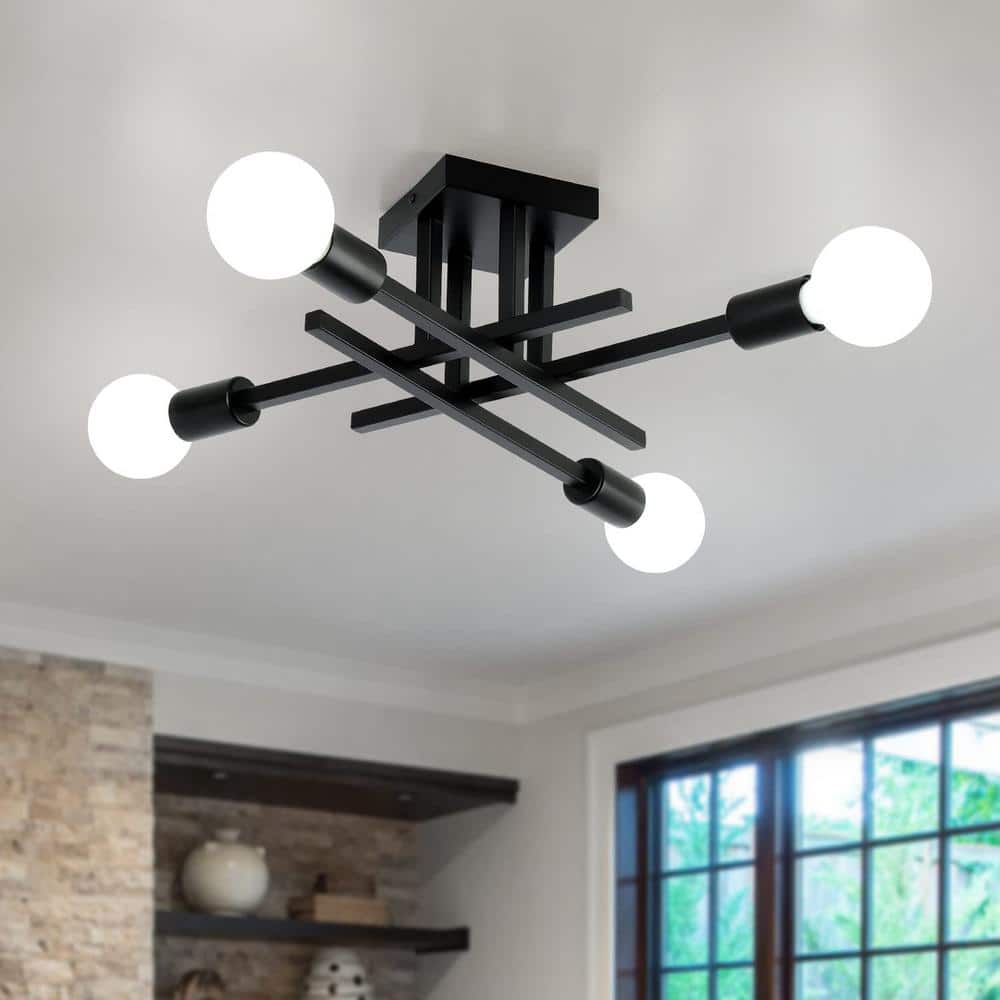18.11 in. 4-Light Black Dimmable Sputnik Linear Chandelier Semi Flush Mount Chandelier for Living Dining Room Foyer - Hercitys