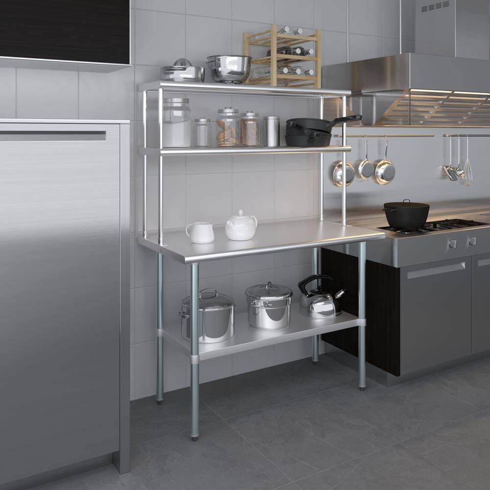 12 in. x 48 in. Stainless Steel Double OverShelf for Kitchen Utility Table with 2-Tier Overshelf - Hercitys