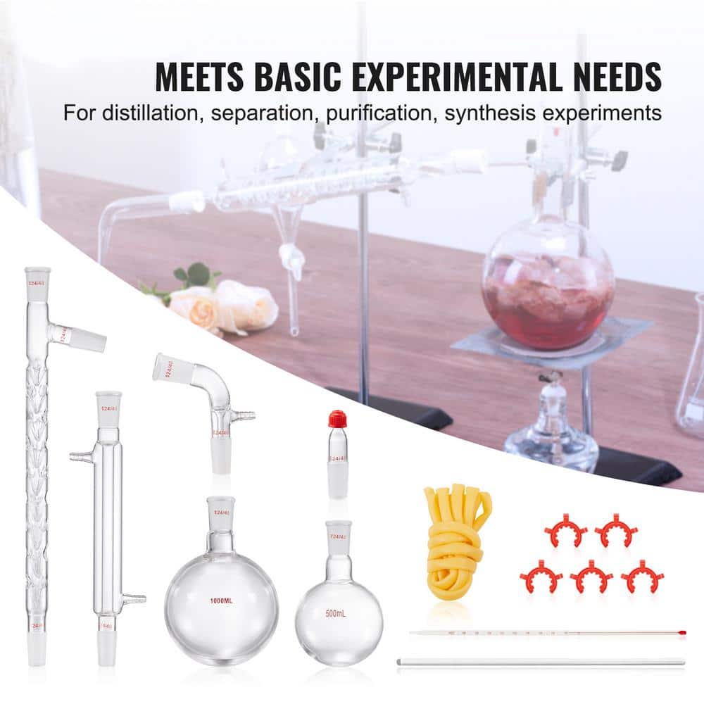 3.3 Boro Lab Distillation Kit, 1000 ml Essential Oil Distillation Apparatus with 24/40 Joint, 14-Piece Glassware Set - Hercitys