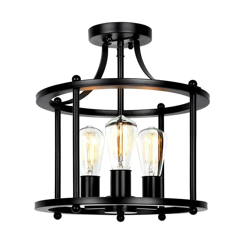 13 in. 3-Light Black Farmhouse Semi Flush Mount Ceiling Light Fixture, Vintage Ceiling Mount for Dining Room and Hallway - Hercitys