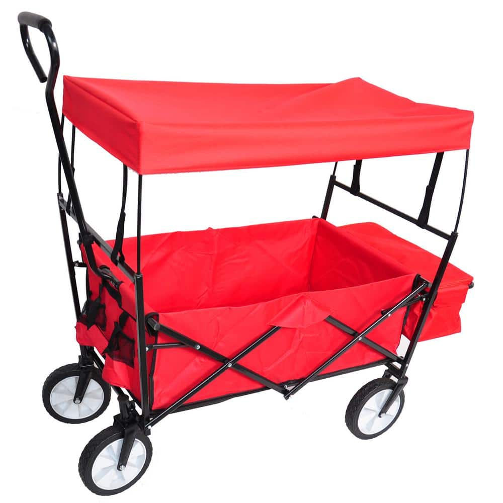 3.6 cu. ft. Metal Outdoor Folding Shopping Garden Cart with Canopy in Red - Hercitys