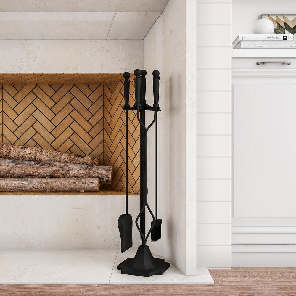 5-Piece Wrought Iron Fireplace Tool Set with Stand, Broom, Dustpan, Poker and Tongs in Matte Black - Hercitys