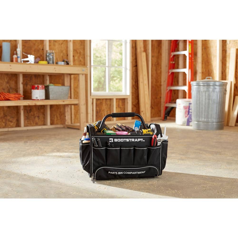 18 in. Contractor’s Tote Bag with Integrated Parts Bin Compartment and Waterproof Rain Cover - Hercitys