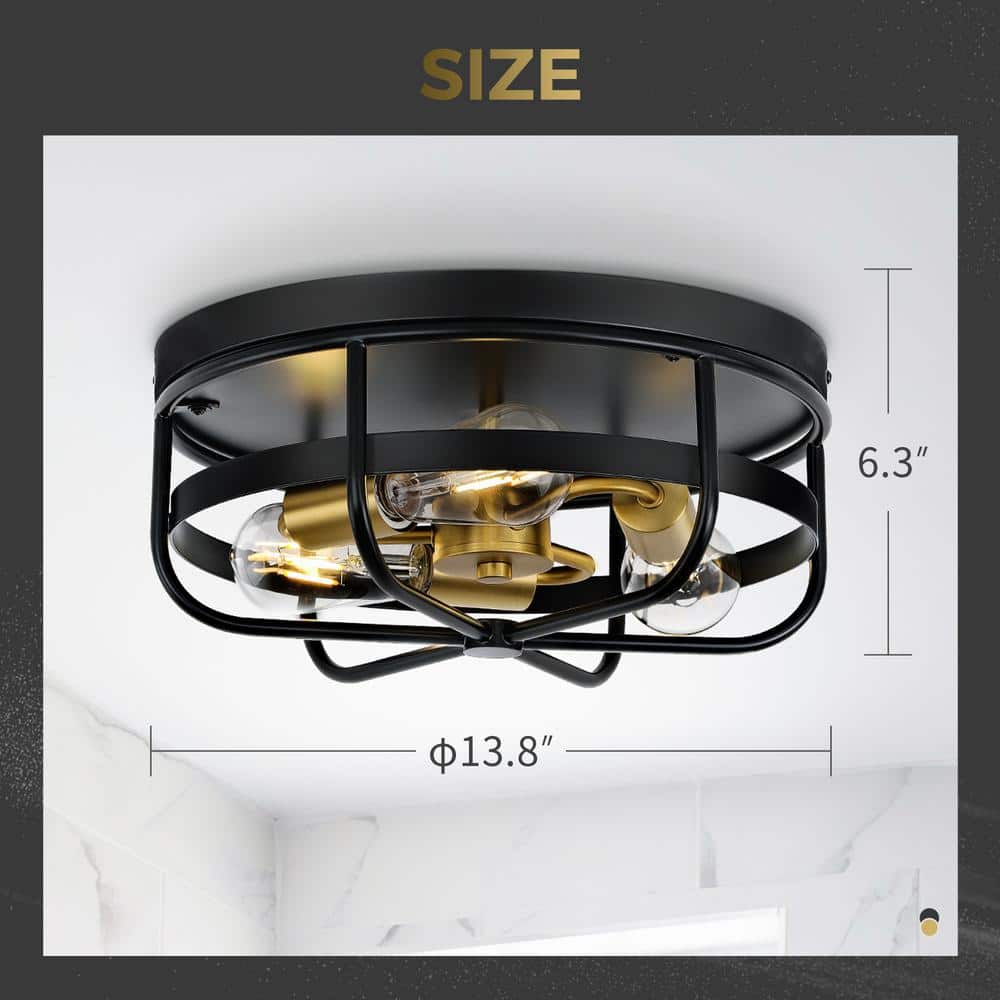 13.8 in. 3-Light Matte Black Flush Mount with Metal Shade and No Bulbs Included - Hercitys