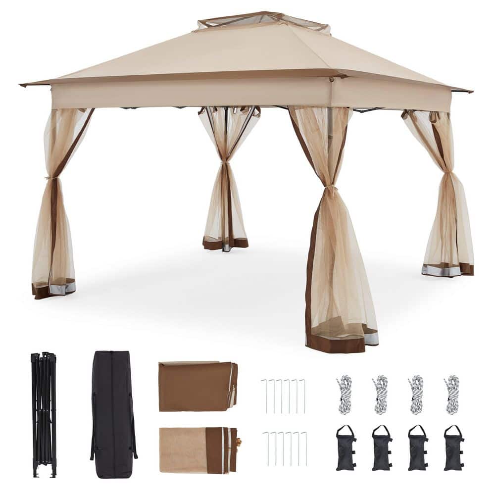 11 ft. x 11 ft. Khaki Pop-Up Gazebo Tent with Mosquito Netting - Hercitys