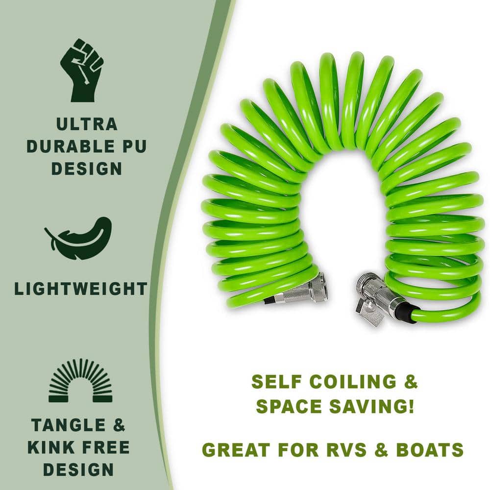 1/2 in. x 25 ft. Coil Garden Hose with ON/OFF Valve, Includes 10 Way Sprayer, Teflon Tape and Washers - Hercitys