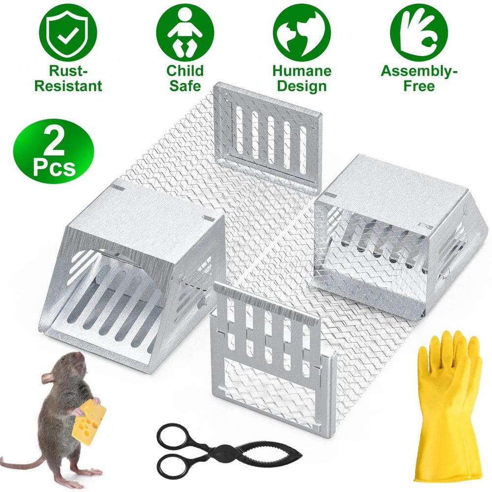 2-Piece Humane Live Mouse Trap Cage with One-Way Door, Continuous Automatic Rodent Catch & Release System, Silver - Hercitys