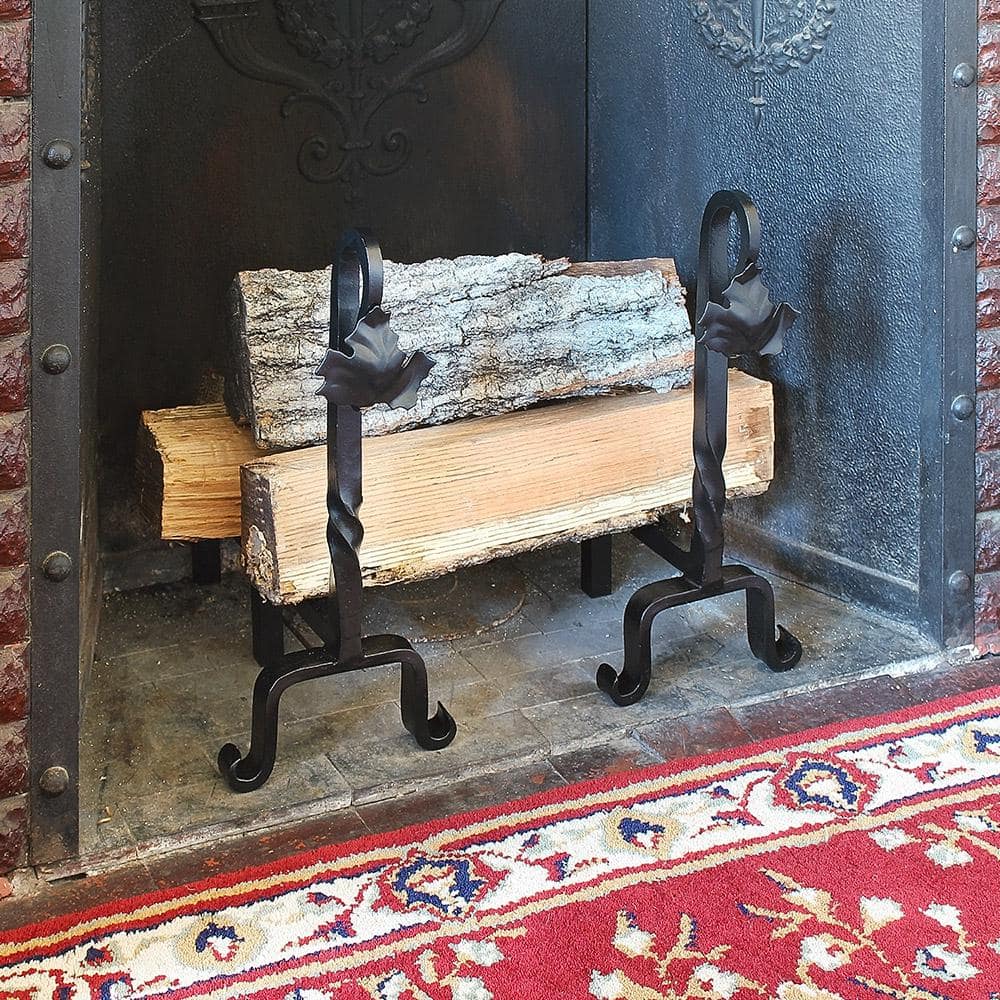 15.25 in. Tall Black Decorative Maple Leaf Andirons for Fireplace Logs - Hercitys