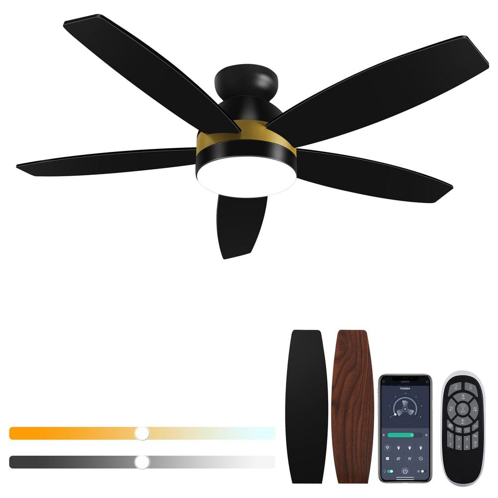 44 in. Black Indoor/Covered Outdoor Dimmable LED Flush Mount Ceiling Fan with Remote - Hercitys