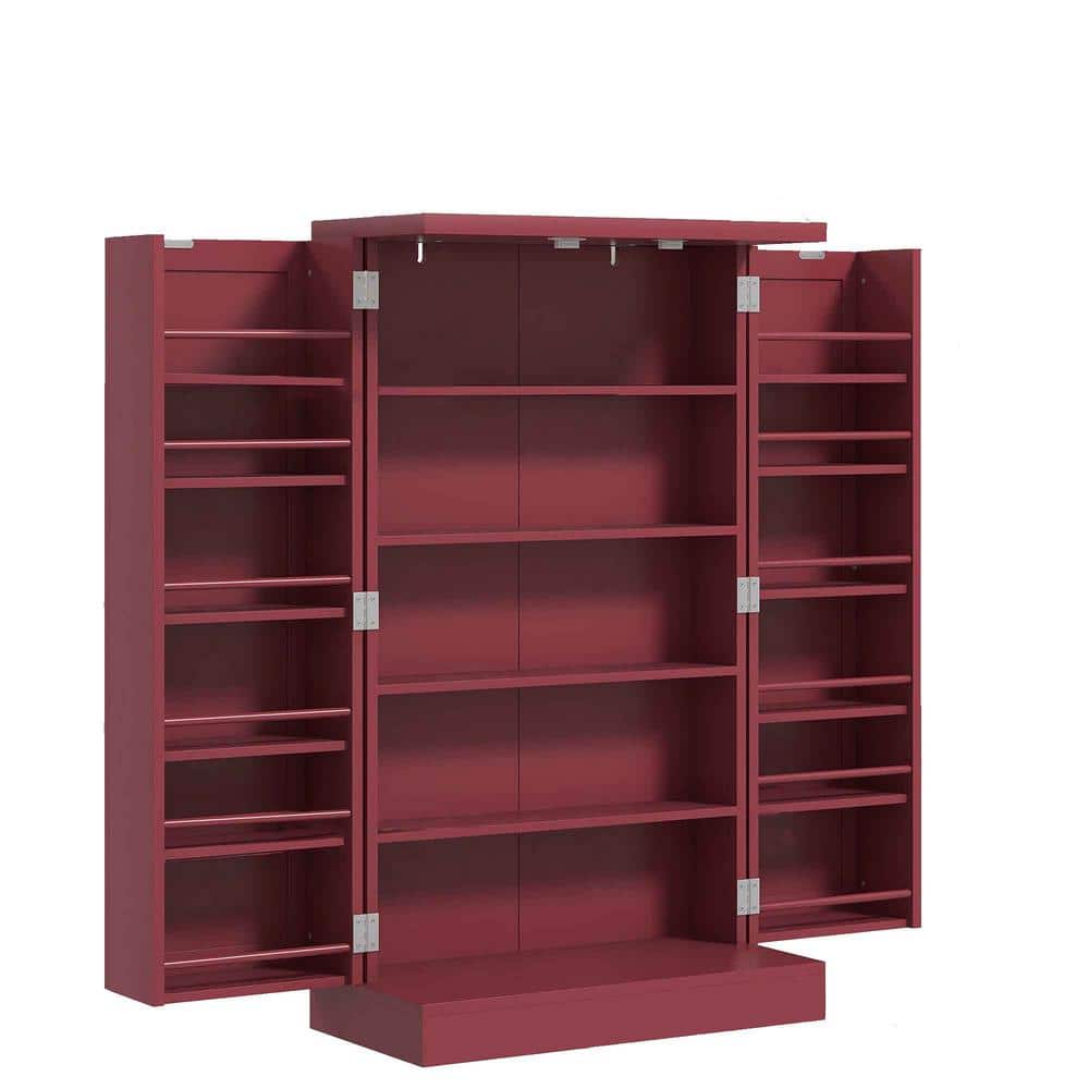 5-Shelf Red Wood Pantry Organizer with 12-Tire Rack and Adjustable Shelves - Hercitys