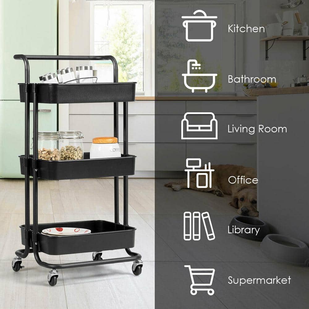 3-Tier Black Rolling Plastic Kitchen Cart on Wheels with Casters - Hercitys