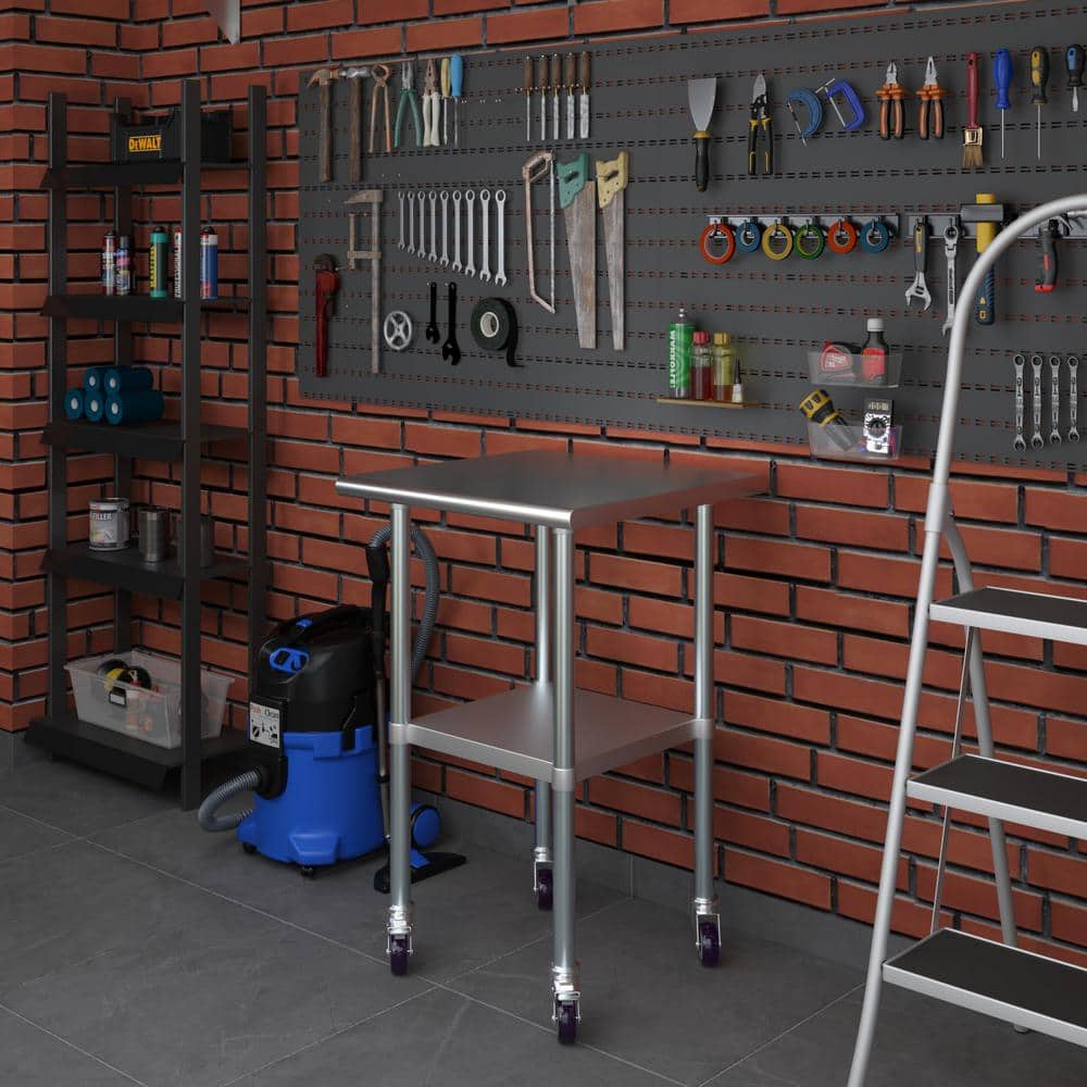 24 in. x 24 in. Stainless Steel Work Table with Casters : Mobile Metal Kitchen Utility Table with Bottom Shelf - Hercitys