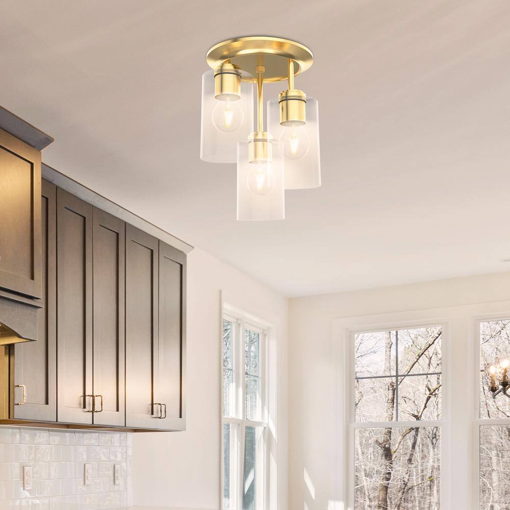 5 in. 3-Light Modern Gold Semi Flush Mount Ceiling Light with Clear Glass for Indoor Room - Hercitys