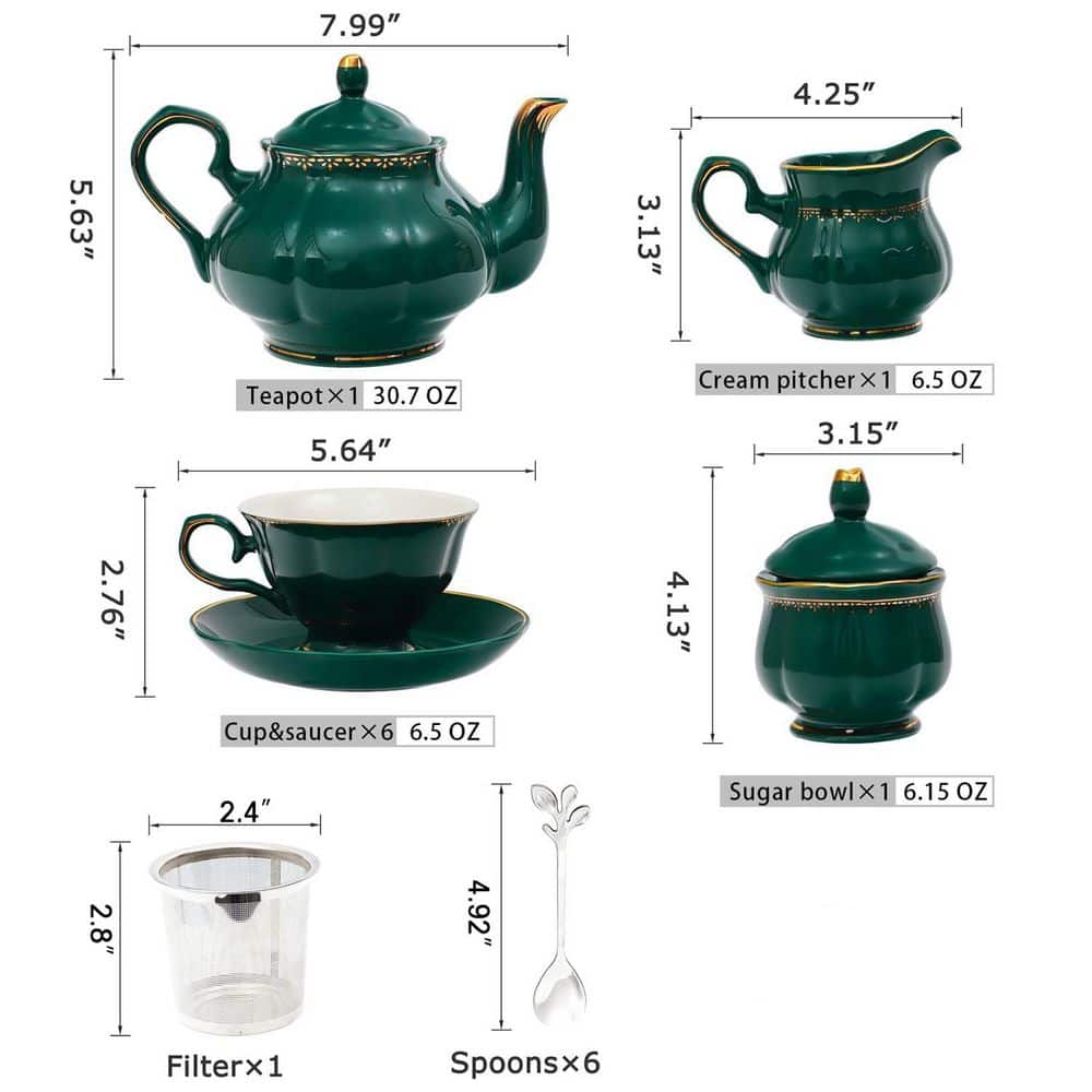 22-Piece Dark Green Porcelain Ceramic Tea Set with Teapot, Sugar Bowl, Creamer Pitcher and Teaspoons - Hercitys