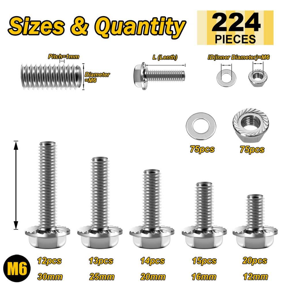 224-Pcs Assorted M6 x 12/16/20/25/30mm, M6 x 1. 0 Bolt, Flanged Hex Head Bolts w/ Washers, 304 Stainless Steel in Silver - Hercitys